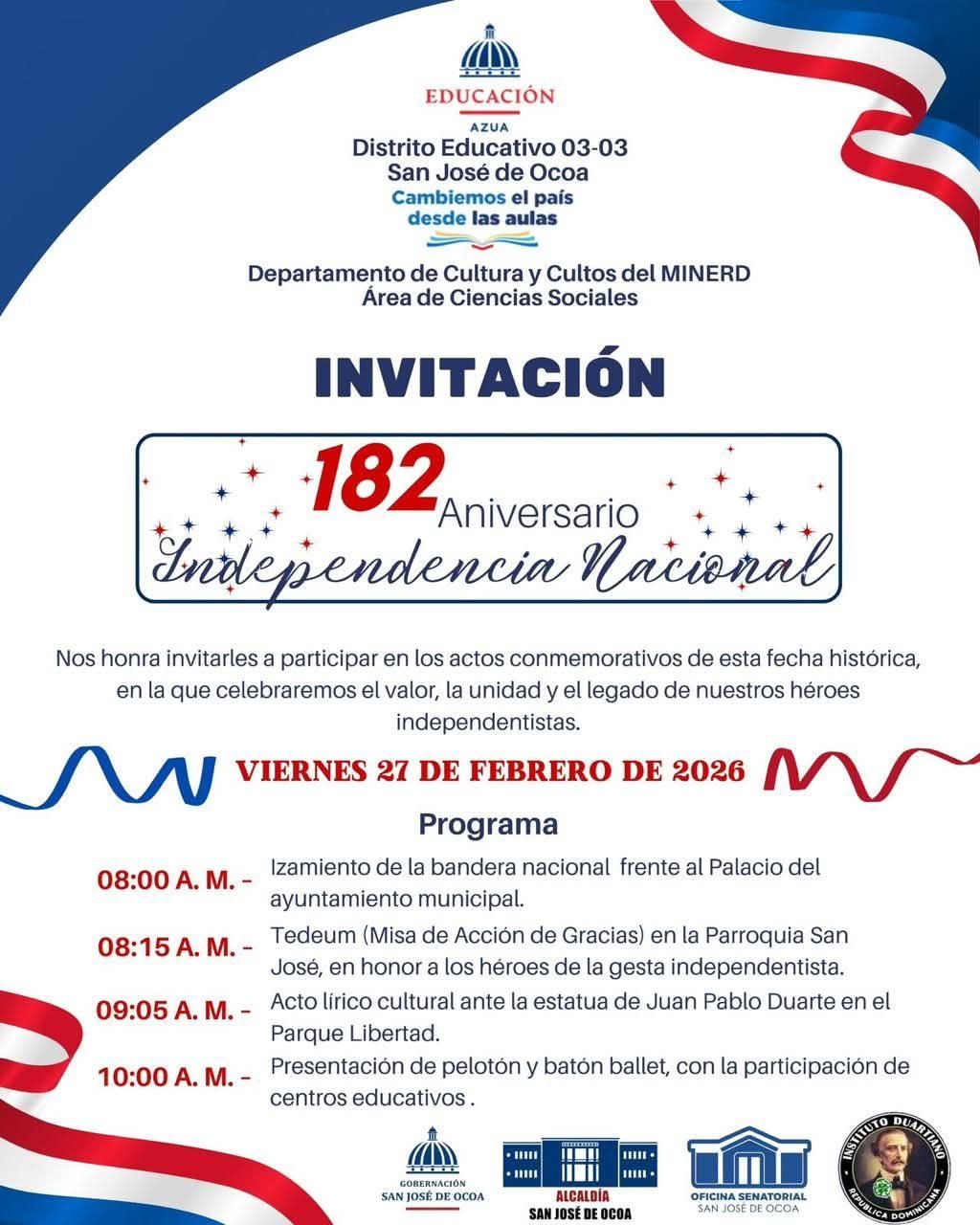 La Alcaldía de San José de Ocoa invita a los actos por el 182° Aniversario de la Independencia Nacional