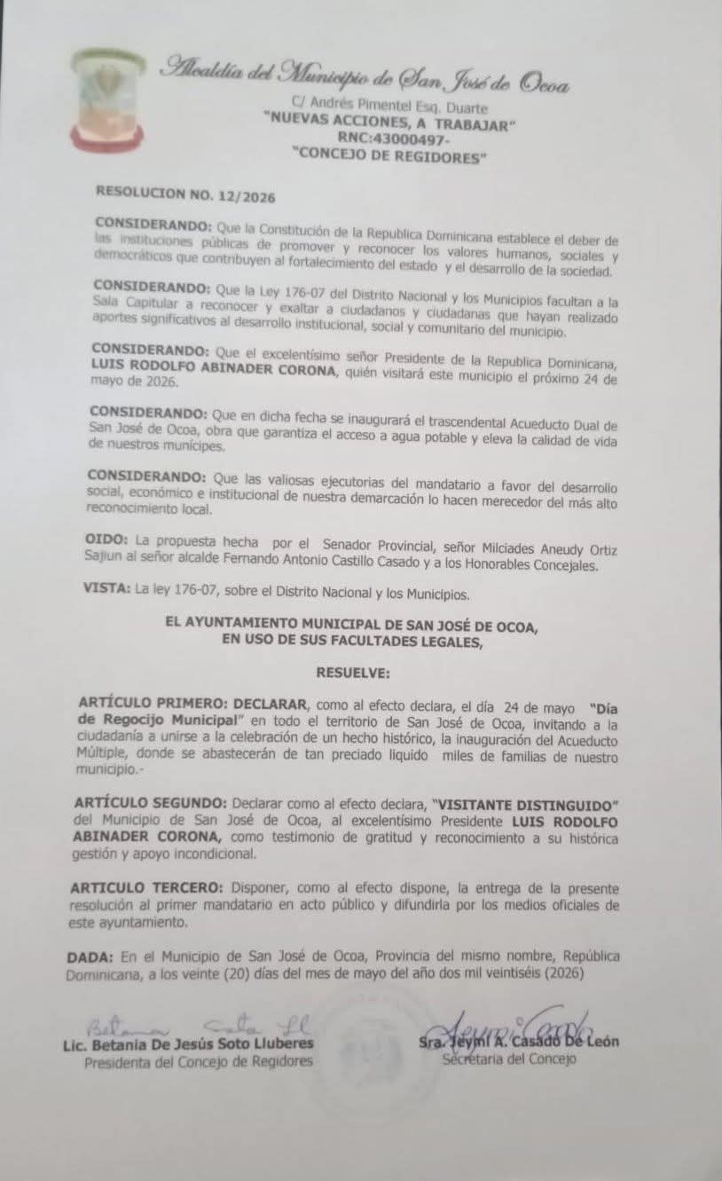 OCOA DECLARA DÍA DE REGOCIJO MUNICIPAL Y RECONOCERÁ AL PRESIDENTE ABINADER